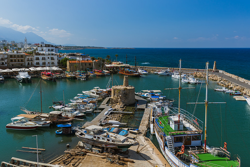 Old harbour of Kyrenia (Girne) and medieval fortress - Northern Cyprus - architecture background