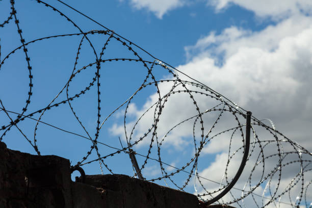 istock Strained sharp barbed wire on top of a fence silhouette. 1209075499