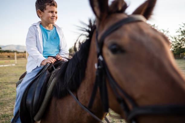 istock Cute boy riding a horse on a ranch 1209078048