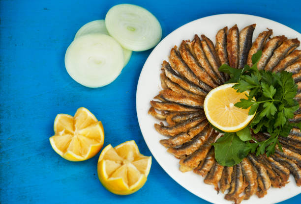 anchoas fritas (nombre turco: hamsi tava) con raki turco - radish vegetable portion circle fotografías e imágenes de stock