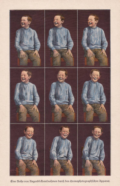 Snapshots of a boy through a chronophotographic apparatus, published 1895 A series of snapshots of a boy through a chronophotographic apparatus. Chronophotography is a photographic technique from the Victorian era, which captures multiple phases of movements. Colour wood engravings after photographs, published in 1895. engraved image photos stock illustrations