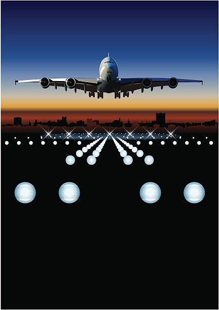 Airliner at sunrise Vector illustration airbus landing/takeoff at sunrise. Available EPS-8, AI-10, CDR-10 vector formats. airport sunrise stock illustrations