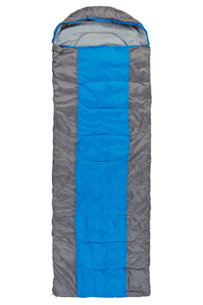 istock sleeping bag with a blue stripe, laid out, on a white background, visas from above 1209079743
