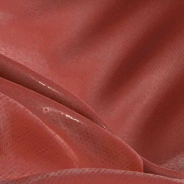 Photo of Abstract and shiny red luxury silk cloth in shape of liquid wave with folds. Satin or velvet material background in popular Lush Lava color. 3d illustration