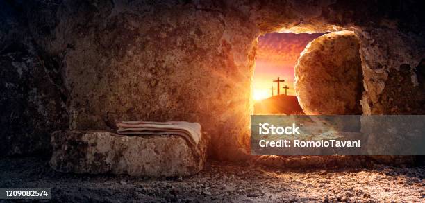 Tomb Empty With Shroud And Crucifixion At Sunrise Resurrection Of Jesus Christ Stock Photo - Download Image Now