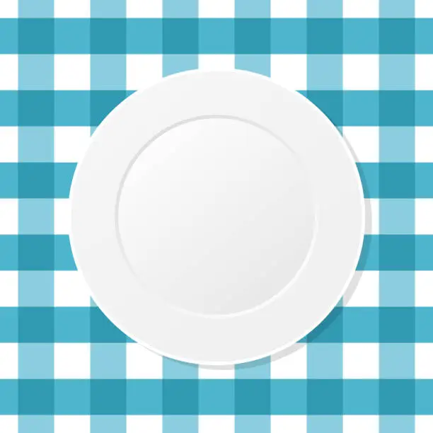 Vector illustration of White plate on a blue checkered tablecloth. Empty dish on a kitchen table cloth.