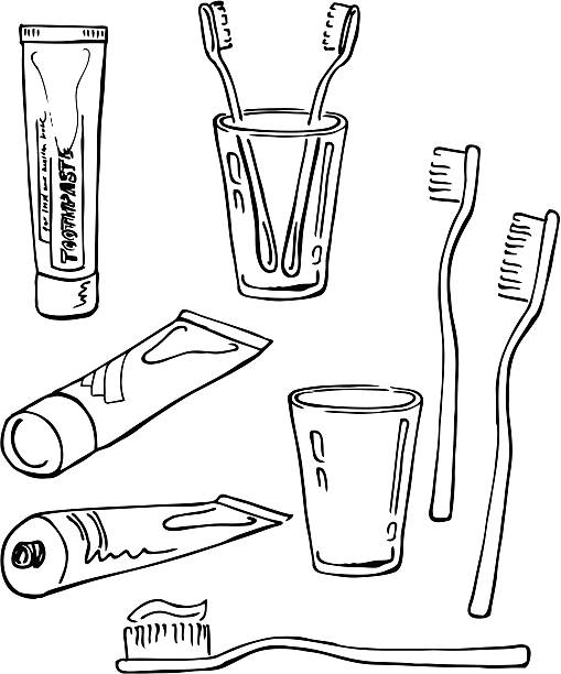 Teeth cleaning set Instruments for oral hygiene. Hand-drawn illustration converted to vectors. toothbrush and toothpaste drawing stock illustrations