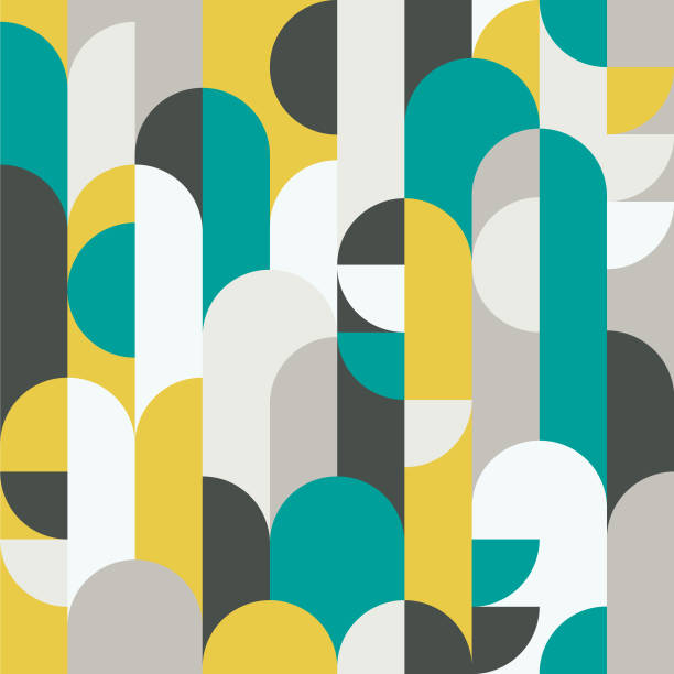 abstrakte retro-stil nahtlose vektor-muster mit geometrischen formen in gelb, grün und grau gefärbt. moderne geometrische muster für textilien, mode, packpapier, tapete. - mod stock-grafiken, -clipart, -cartoons und -symbole