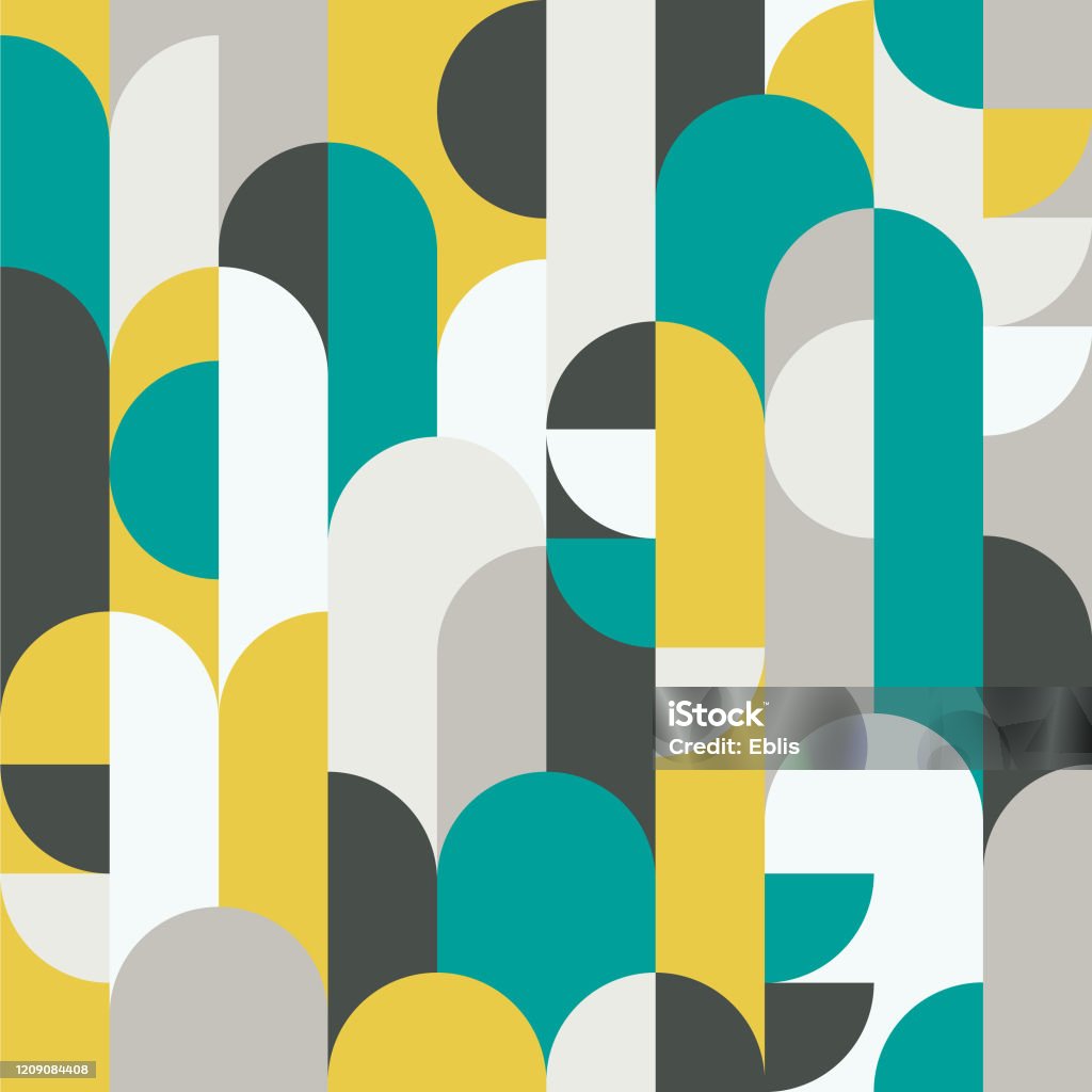 Abstract retro style seamless vector pattern with geometric shapes colored in yellow, green and grey. Modern geometrical pattern for textiles, fashion, wrapping paper, wallpaper. - Royalty-free Padrão arte vetorial