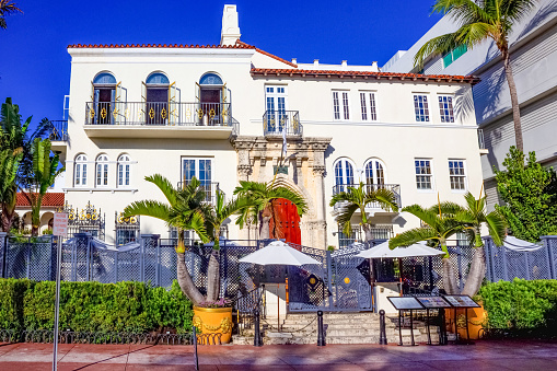 Miami, United States of America - November 30, 2019: The Villa, Casa Casuarina is a property previously owned by Italian fashion impresario Gianni Versace at Ocean Drive in the Miami Beach Architectural District, Florida.