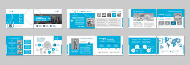 Brochure creative design. Multipurpose template with cover, back and inside pages. Trendy minimalist flat geometric design. Horizontal landscape a4 format. plan document stock illustrations