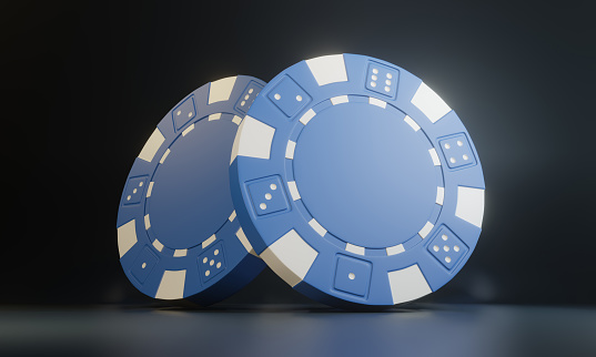 Casino chips isolated on black background. Casino game 3D chips. Online casino banner. Blue chip. Gambling concept. 3D rendering illustration