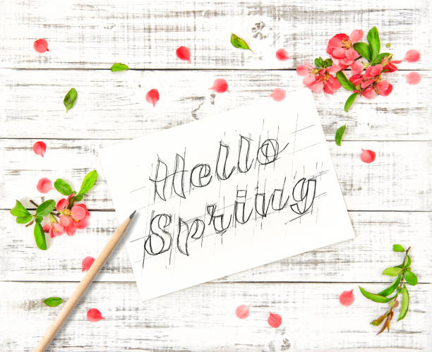 istock Hello Spring Paper sheet pink flowers Floral flat lay 1209087629