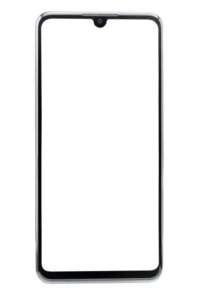 waterdrop notch and frameless smartphone with white screen isolated on white background