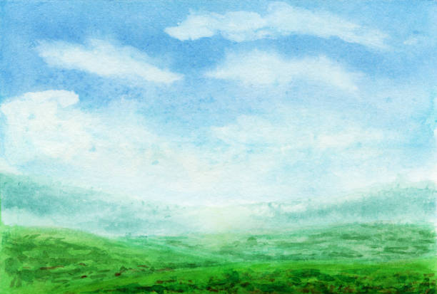 istock Summer watercolor landscape. Spring watercolor landscape with mountains, blue sky, clouds, green glade fields and meadows . Hand drawn nature european background. Painting countryside illustration. Watercolor painting. 1209090012