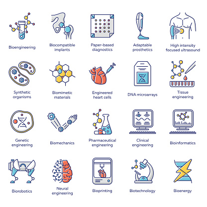Bioengineering color icons set. Biotechnology for health and comfort. New methods of diseases diagnosis and treatment, genetic engineering, artificial intelligence. Isolated vector illustrations