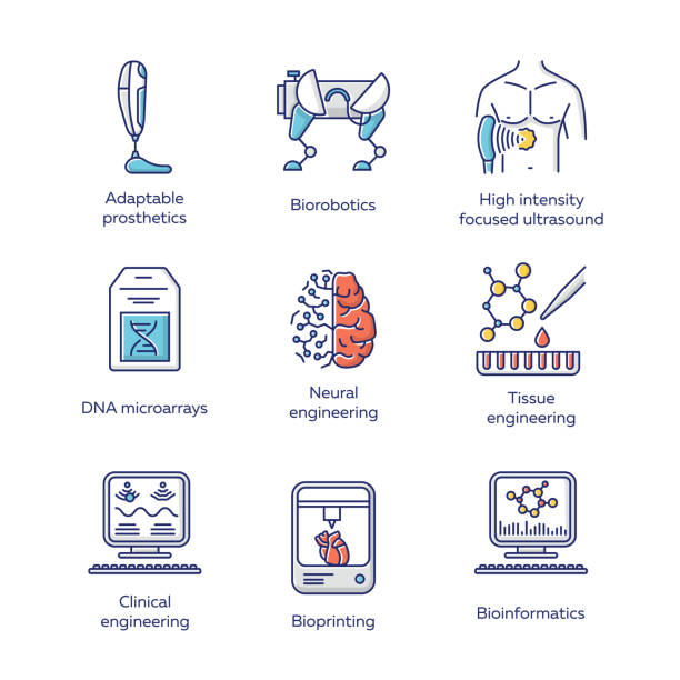 ilustraciones, imágenes clip art, dibujos animados e iconos de stock de conjunto de iconos de color de bioingeniería. biotecnología para la salud humana y la vida cómoda. biología molecular, ingeniería biomédica y molecular, bioinformática. ilustraciones vectoriales aisladas - microarray