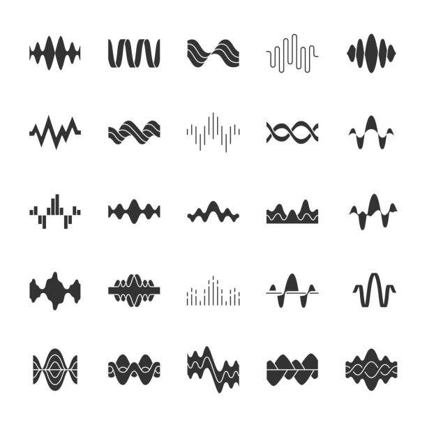 ilustrações, clipart, desenhos animados e ícones de ícones de ondas de som e áudio glyph definidos. símbolos de silhueta. ondas sonoras da curva digital da música. gravação de voz, sinais de rádio, linhas onduladas. vibração, amplitudes de ruído nivelam. ilustração isolada do vetor - clip art audio