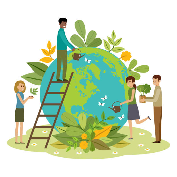 ilustrações de stock, clip art, desenhos animados e ícones de ecology concept. people take care about planet. protect nature. earth day. - pollution planet sphere nature