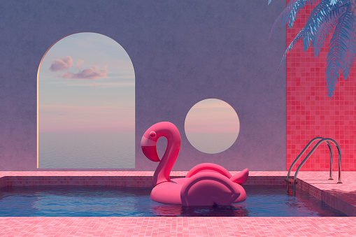3d rendering of swimming pool. Summer Concept. Travel destinations. Sea view. Inflatable Flamingo.