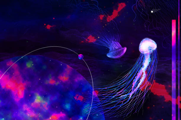 istock Magical panoramic view with jellyfish. Abstract galaxy and planet. Futuristic modern landscape. Concept wall art, poster, printable. Fantasy picture 1209096635