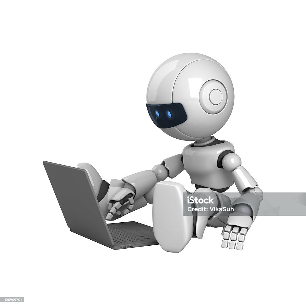 White robot sit with laptop Funny white robot sit with laptop Characters Stock Photo