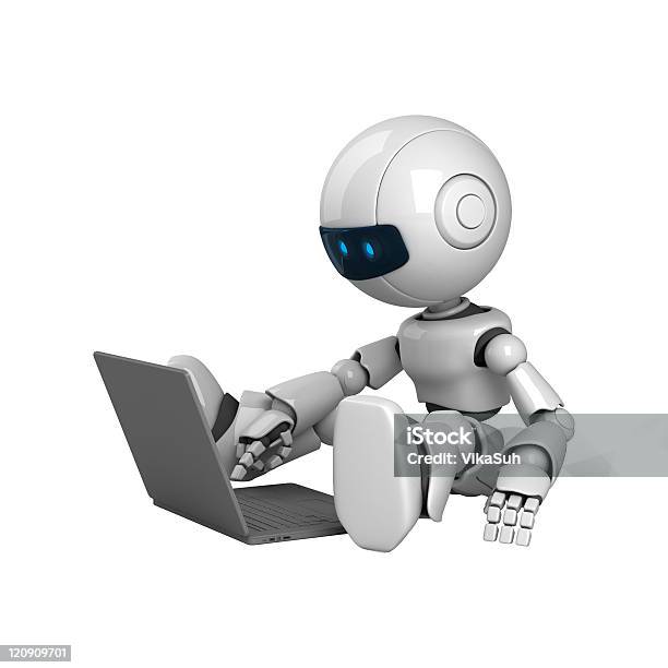White Robot Sit With Laptop Stock Photo - Download Image Now - Characters, Color Image, Computer