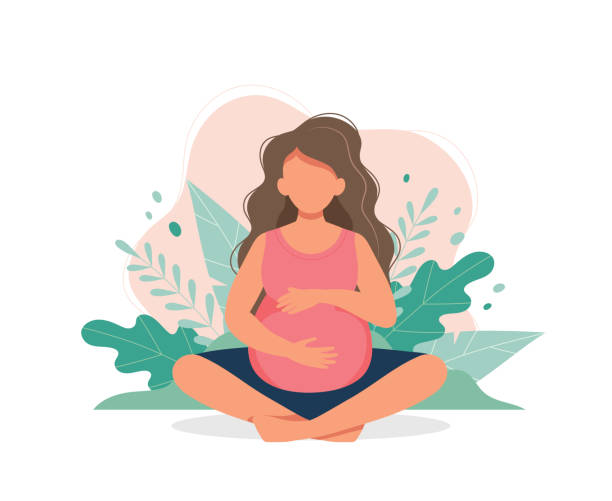 schwangere frau, die pränatales yoga macht. schwangerschaft gesundheitskonzept. nette vektor-illustration im flachen stil - relaxation exercise child mother human pregnancy stock-grafiken, -clipart, -cartoons und -symbole