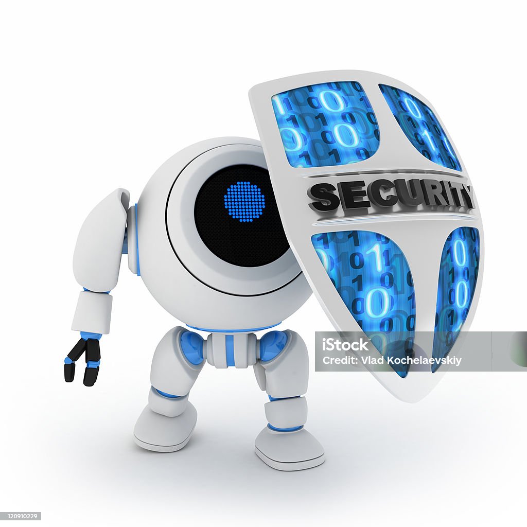 Robot and shield Abstract robot and shield (done in 3d,isolated) Robot Stock Photo