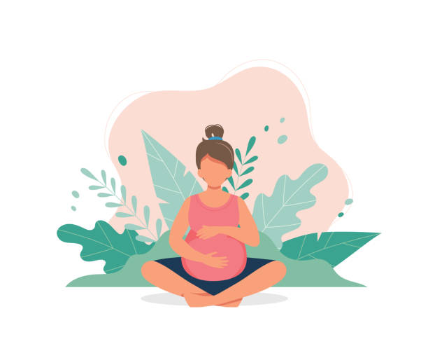 schwangere frau, die pränatales yoga macht. schwangerschaft gesundheitskonzept. nette vektor-illustration im flachen stil - human pregnancy exercising relaxation exercise sport stock-grafiken, -clipart, -cartoons und -symbole