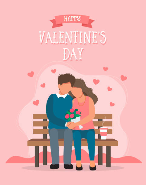 발렌타인 데이 인사말 카드입니다. 벤치에 앉아 사랑하는 부부. 플랫 스타일의 귀여운 벡터 일러스트. - valentines day romance boyfriend vertical stock illustrations