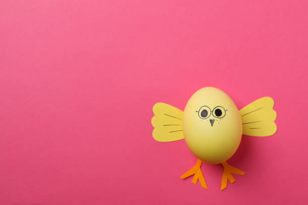 istock Yellow chick made of egg on pink background, space for text 1209103073