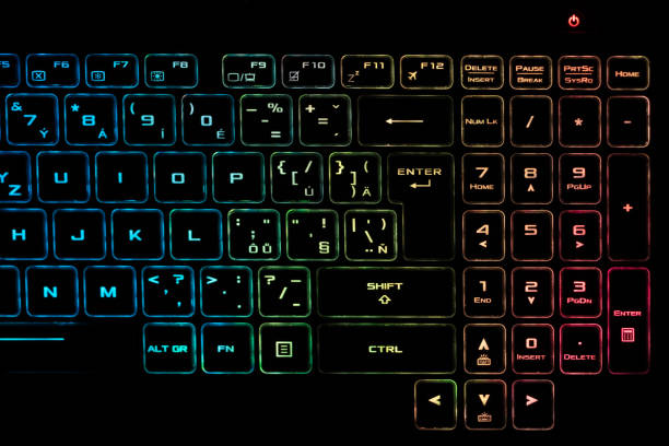 istock Colorful modern keyboard with rainbow backlight on black background 1209103148