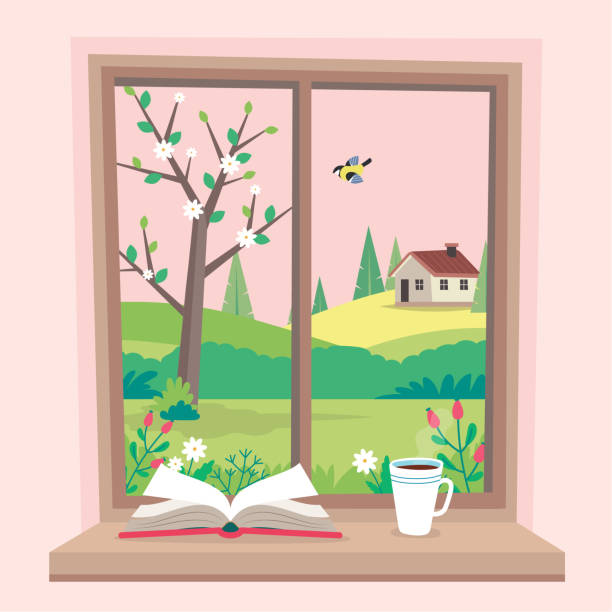 ilustrações de stock, clip art, desenhos animados e ícones de spring window with view, a book and a coffee cup on the sill. cute cozy vector illustration in flat style - may floral pattern spring april