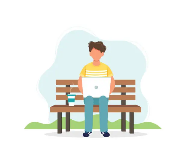 Vector illustration of Man with laptop sitting on the bench with coffee cup. Cute vector illustration in flat style