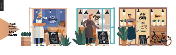 Facades - small business graphics Facades -small business graphics. Modern flat vector concept illustrations -bakery front, coffee shop, cat cafe. Owners wearing apron in front of entrance, interior seen from outside, menu, bicycle small business owner stock illustrations
