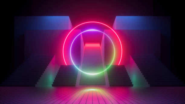 istock 3d render, abstract neon background, glowing dramatic red light, round arc. Modern minimal urban design, staircase, steps, blue walls. Futuristic concept. Empty scene with copy space 1209111323