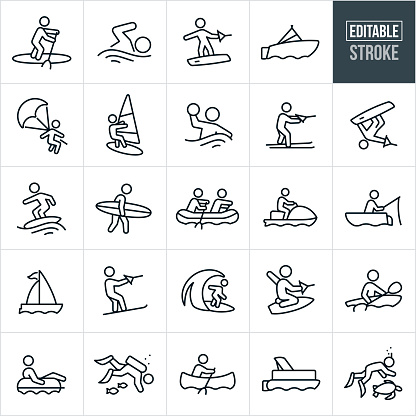 A set of water recreation icons that include editable strokes or outlines using the EPS vector file. The icons include person paddle boarding, person swimming, person wake boarding, motor boat, person parasailing, person kite surfing, person playing water polo, person water skiing, person wake surfing, person surfing, two people rafting, person on person water craft, person fishing from boat, sailboat, person Solomon skiing, person kneeboarding, person kayaking, person riding in tube, person scuba diving, person in canoe, pontoon boat and a person snorkeling.