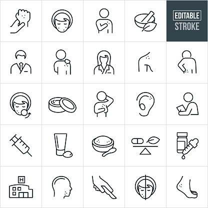 A set of dermatology icons that include editable strokes or outlines using the EPS vector file. The icons include dermatologists, skin irritation, skin cancer, skin blemishes, woman's face with acne, person with spots on their body, natural remedies, doctor, female doctor, rash on persons back, acne treatment, body creams, skin cancer on ear, medical exam, syringe, lotions, bath salts, essential oils, medication, hospital, sun spots, surgery and other related icons.