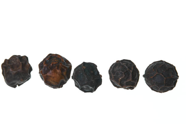 poivre noir de penja (piper nigrum) sur un fond blanc - directly above macro pepper black peppercorn photos et images de collection