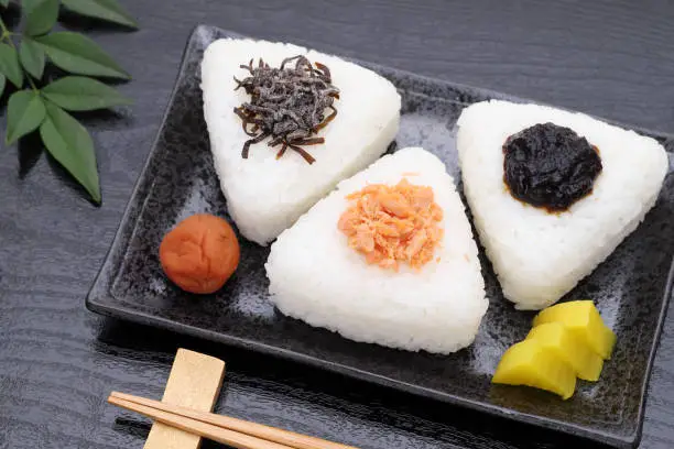 Onigiri, Japanese food, Japanese rice ball, rice triangle with Takuan and Umeboshi