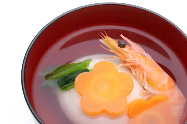 Japanese traditional cuisine, Zoni soup of mochi and ebi in a bowl