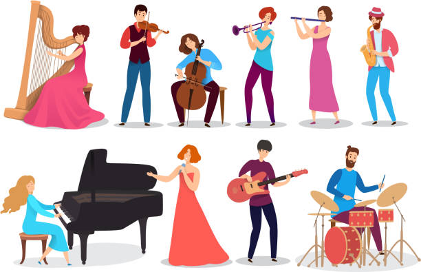 ilustraciones, imágenes clip art, dibujos animados e iconos de stock de gente tocando instrumentos musicales, conjunto de carácter de dibujos animados aislados - violinist