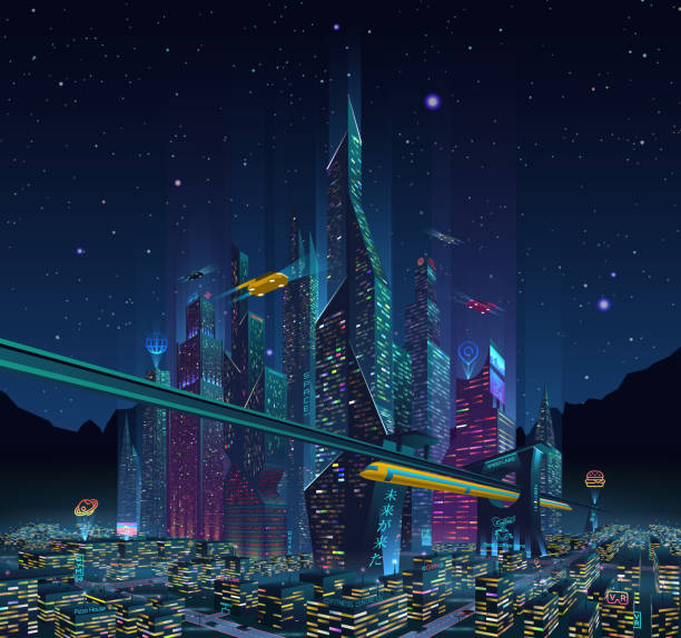 fantastische stadt der zukunft stadt bei nacht mit neon licht und billboards - land vehicle illustrations stock-grafiken, -clipart, -cartoons und -symbole