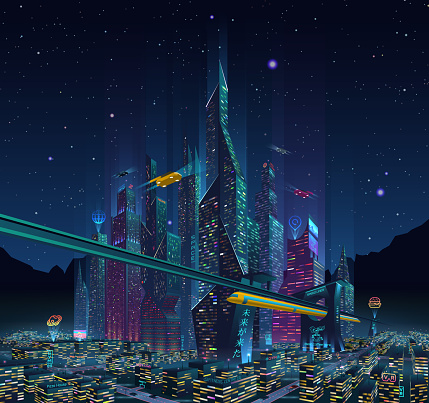 A view of the fantastic night city of the future with neon lights, billboards, advertising light signs, flying cars and starry sky on background.