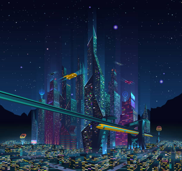 Fantastic City of the Future City at Night with Neon Light and Billboards A view of the fantastic night city of the future with neon lights, billboards, advertising light signs, flying cars and starry sky on background. futuristic architecture illustrations stock illustrations