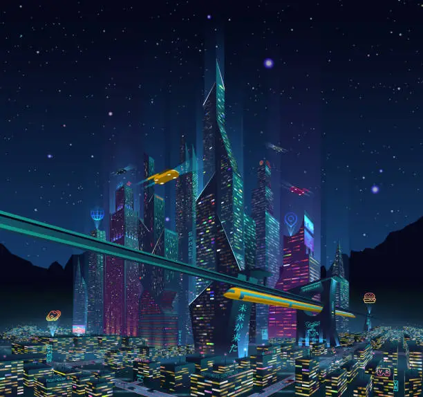 Vector illustration of Fantastic City of the Future City at Night with Neon Light and Billboards