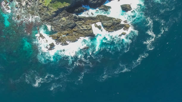 overhead aerial shot of split solitary island in australia an overhead aerial shot flying over split solitary island off the coast of coffs harbour, australia coffs harbour stock pictures, royalty-free photos & images