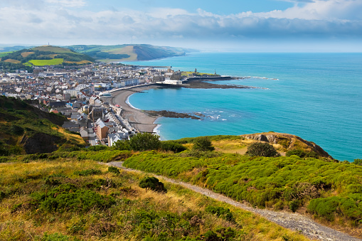 Aerial view from Constitution Hill over Aberystwyth, the sea and Welsh Coast.