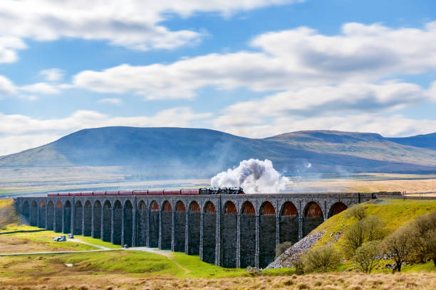 Ribblehead Viaduct, Yorkshire Dales, England, UK Steam train crossing the Ribblehead Viaduct, Yorkshire Dales, England, UK north yorkshire photos stock pictures, royalty-free photos & images